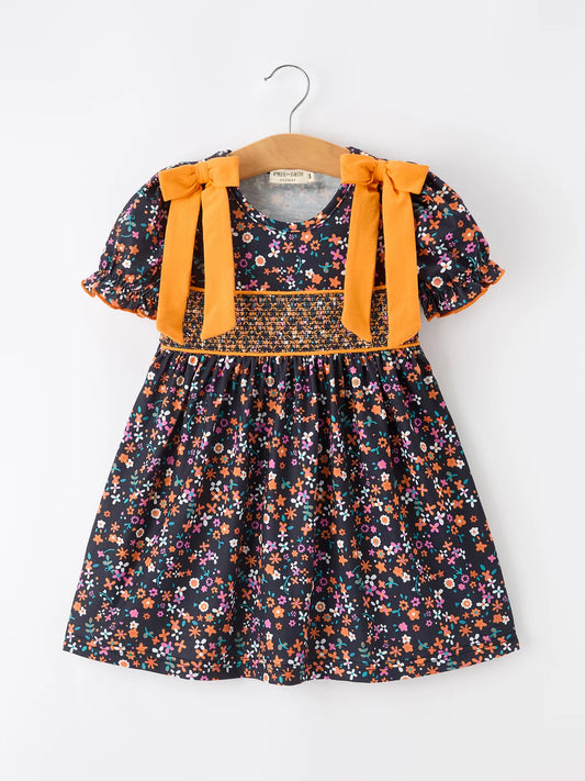 Fall Orange Floral Bow Dress