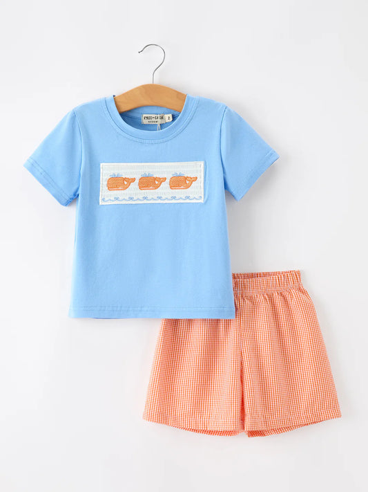Orange Whale Embroidered Tee & Shorts