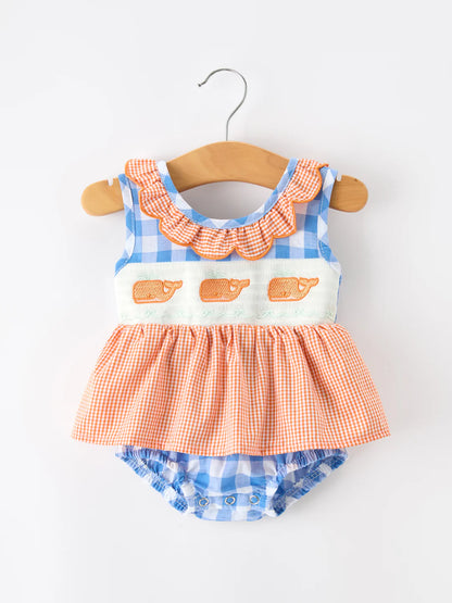 Orange Whale Smocked Ruffle Romper