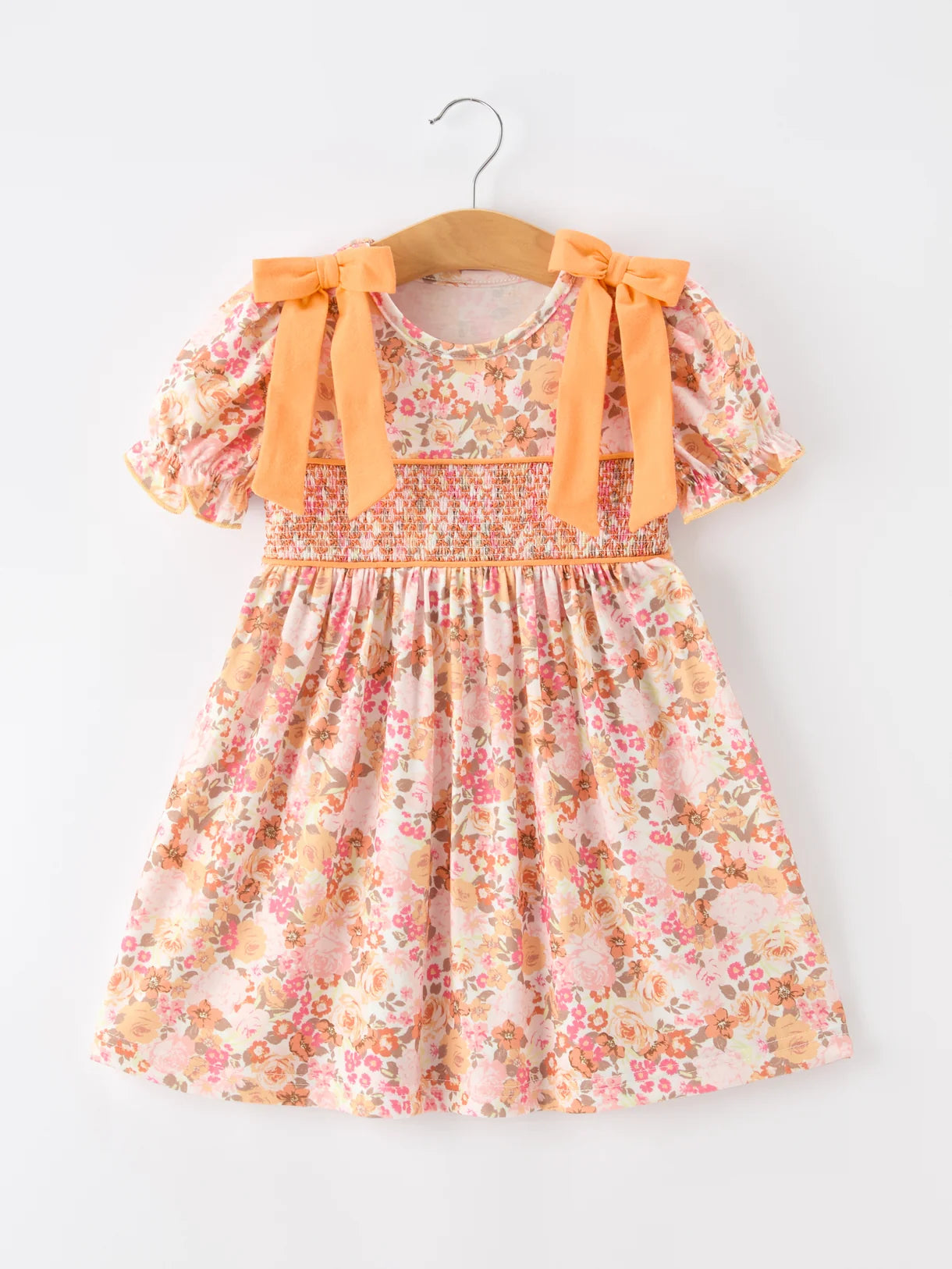 Peach Bow Smocked Floral Dress