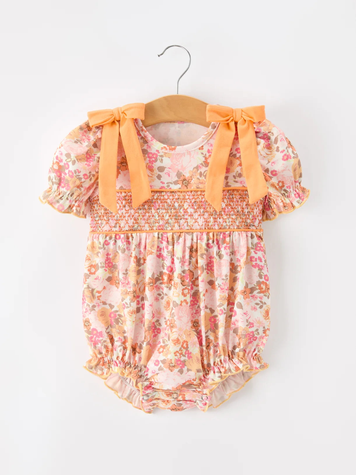 Peach Bow Smocked Floral Romper