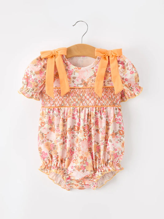 Peach Bow Smocked Floral Romper