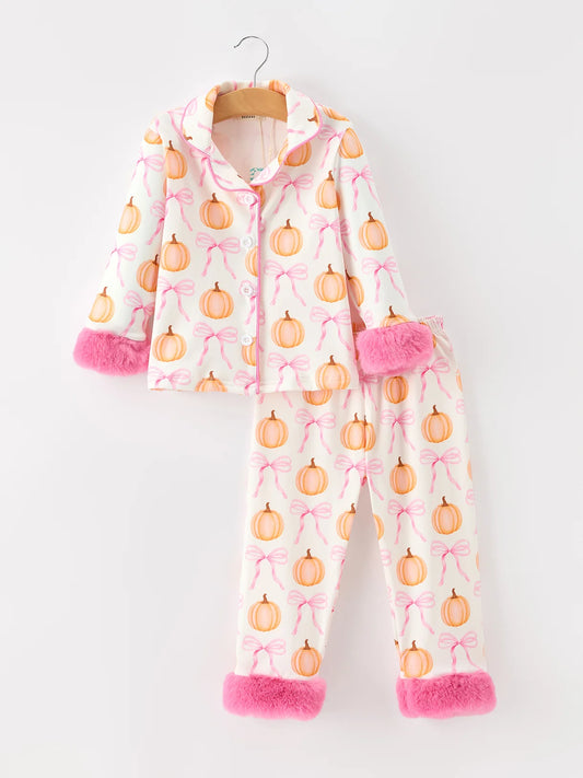 Pink Bow Pumpkin Fur Trimmed Pajamas