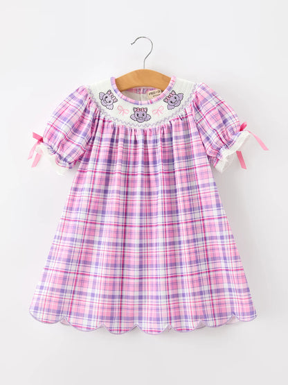 Purple Plaid Bat Smocked Girls Dress
