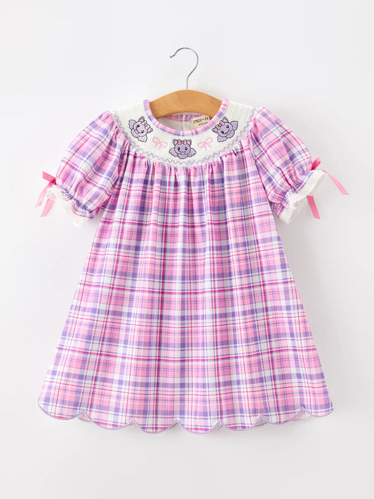 Purple Plaid Bat Smocked Girls Dress