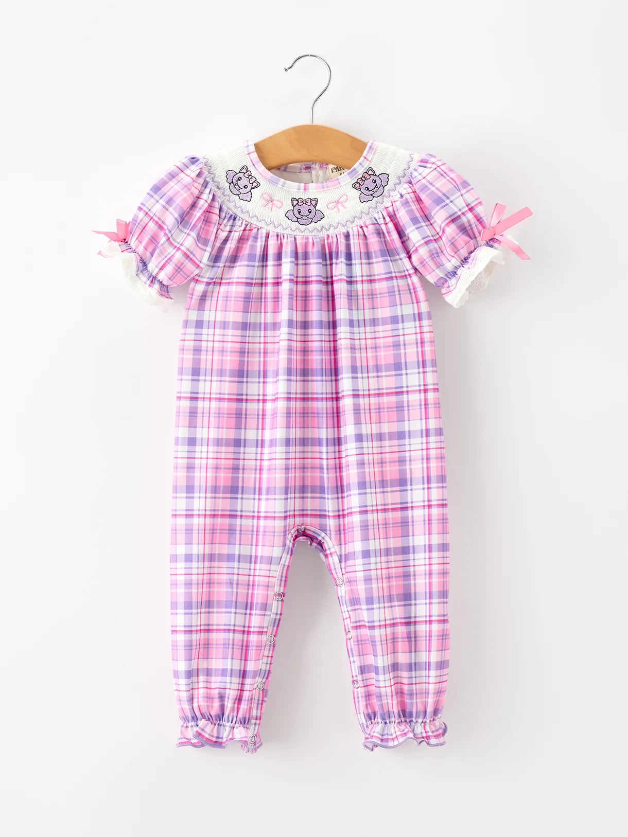 Purple Plaid Bat Smocked Girls Jumpsuit