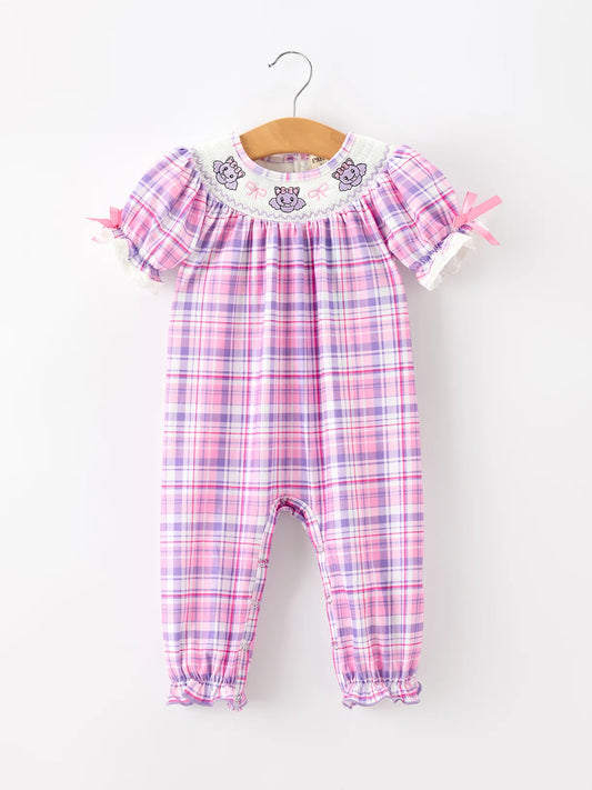 Purple Plaid Bat Smocked Girls Jumpsuit