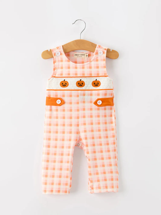 Embroidered Pumpkin Plaid Overalls