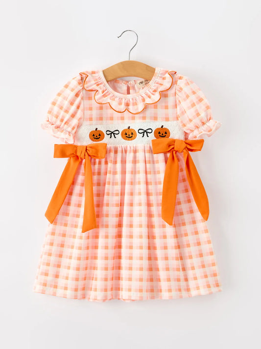 Embroidered Pumpkin Plaid Dress