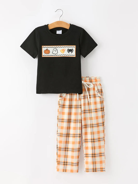 Halloween Embroidered Smock Tee & Plaid Pants