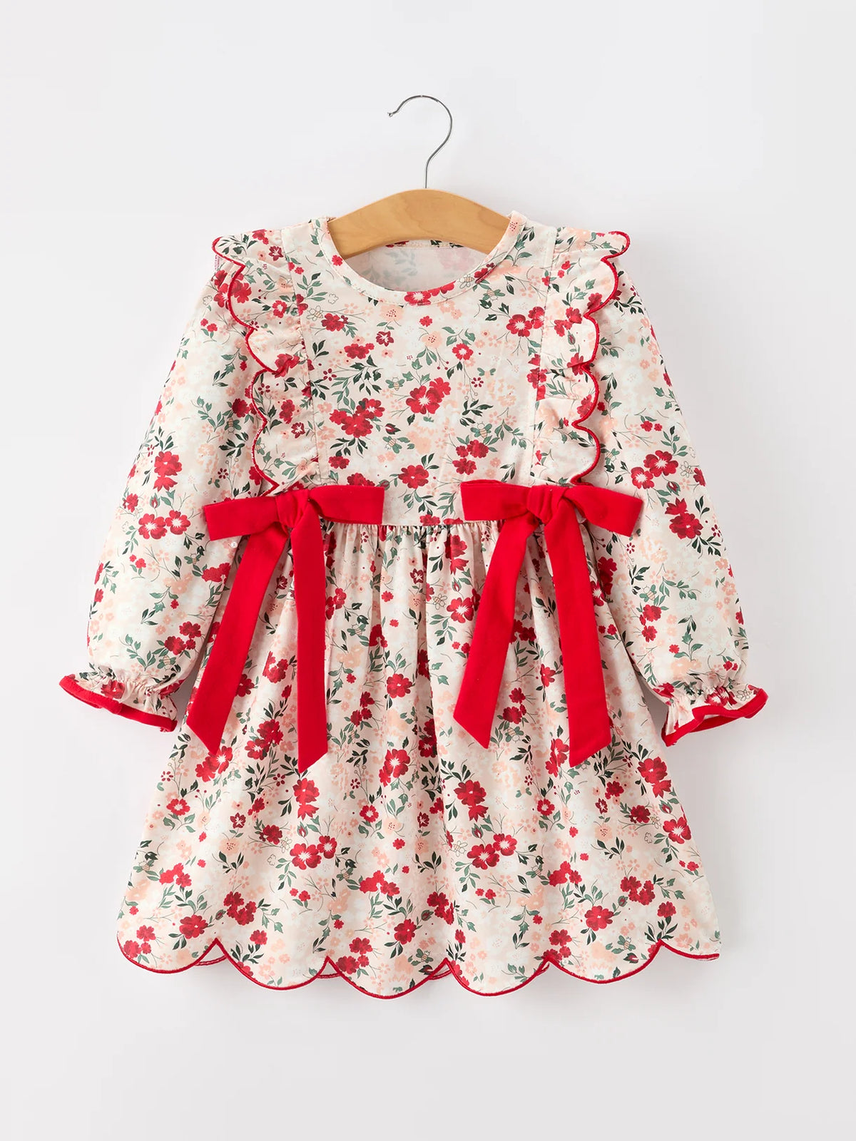Red Winter Floral Bow Dress