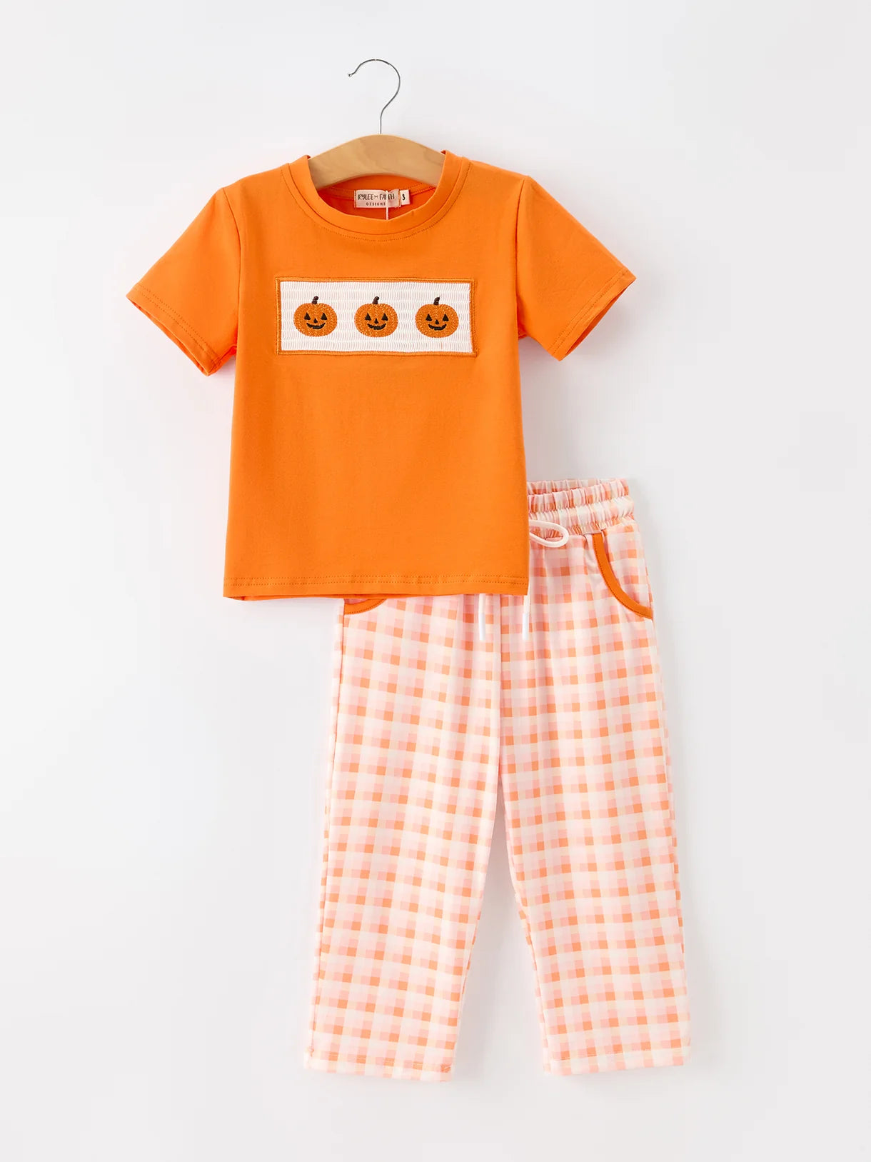 Embroidered Pumpkin Plaid Boys Pants Set