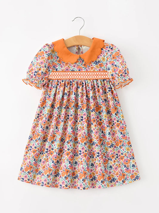 Orange Fall Floral Smocked Petals Collar Dress
