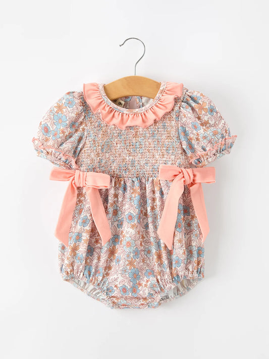 Blue & Peach Floral Smocked Ruffle Neck Romper