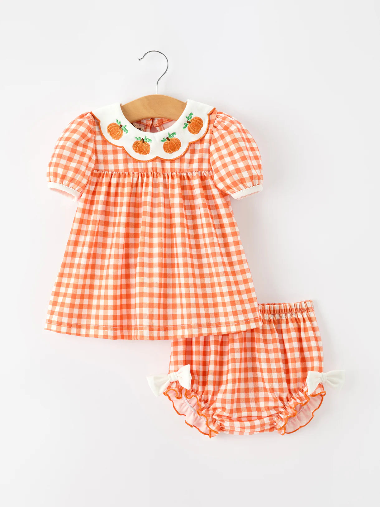 Orange Gingham Pumpkin Puff Sleeve Bummies Set