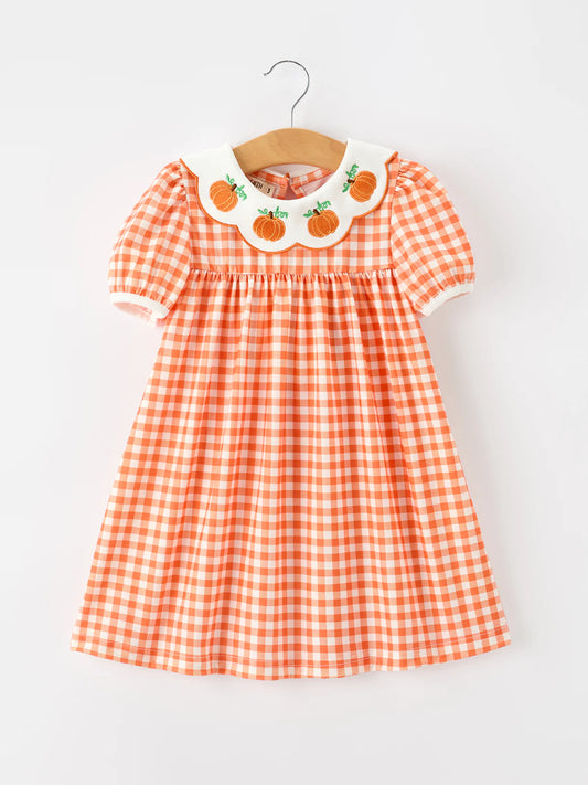 Orange Gingham Pumpkin Puff Sleeve Dress
