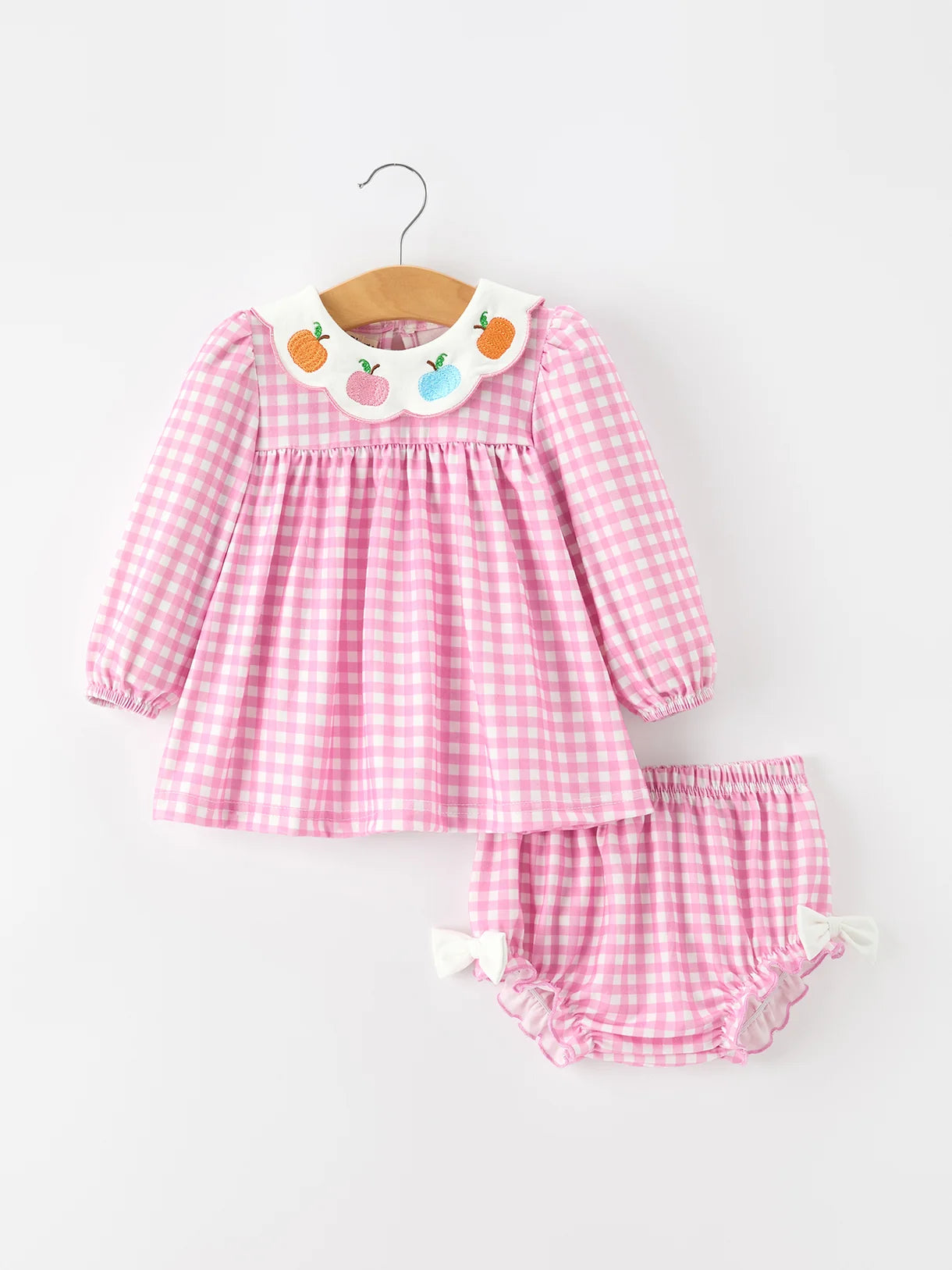 Pink Gingham Embroidered Pumpkins Bummies Set