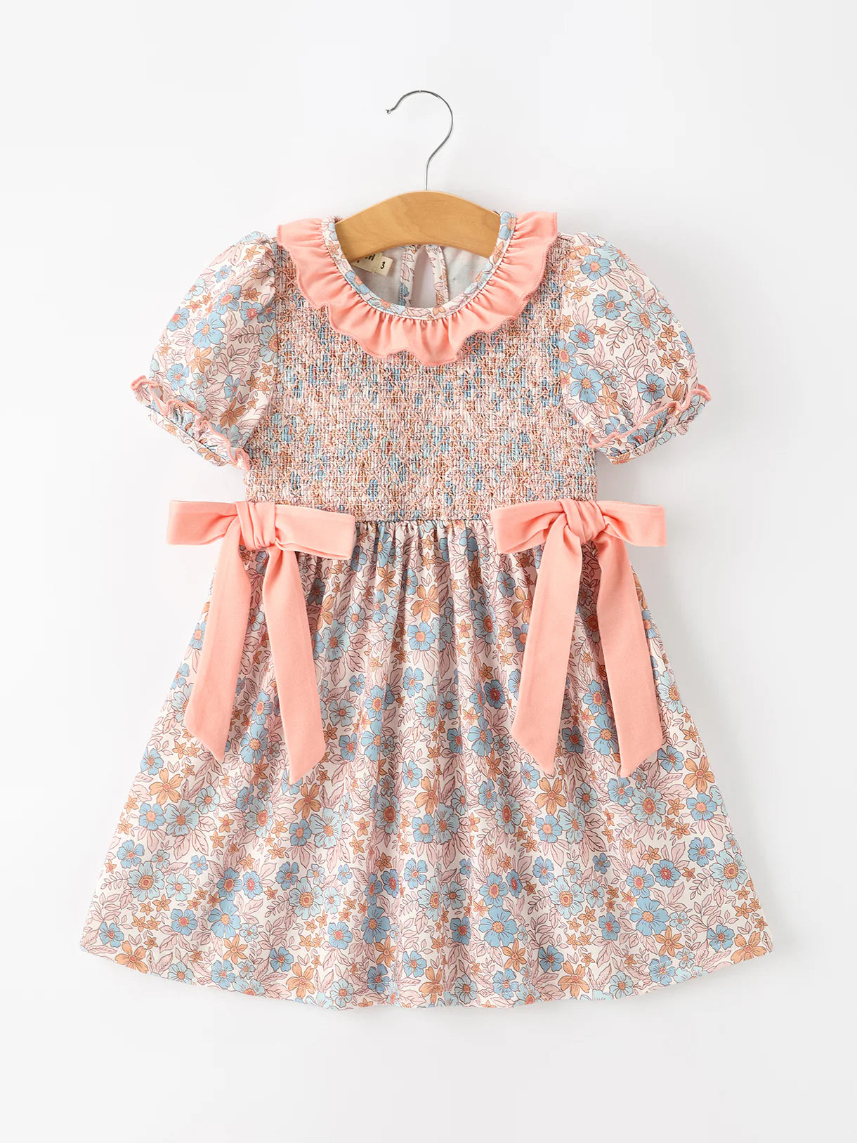 Blue & Peach Floral Smocked Ruffle Neck Dress