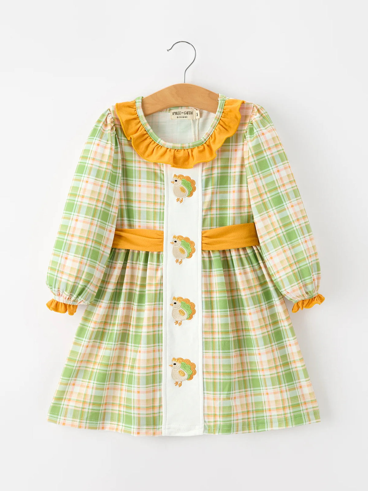 Green Orange Plaid Turkey Ruffle Dress