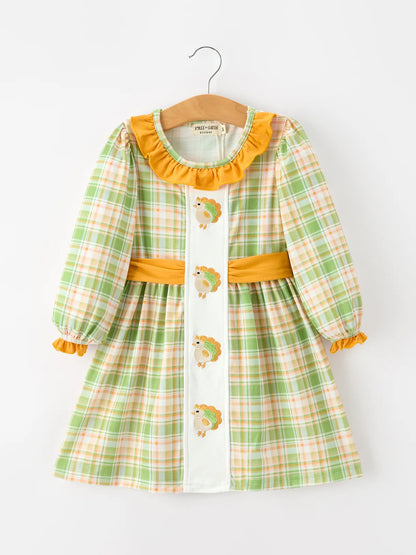 Green Orange Plaid Turkey Ruffle Dress