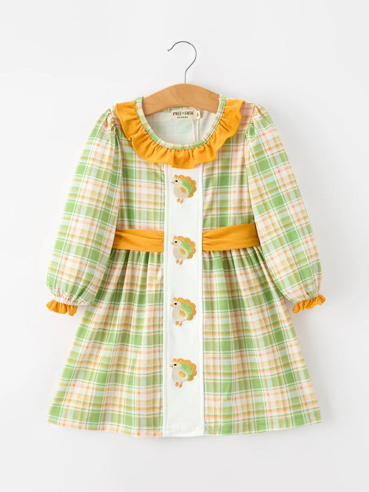 Green Orange Plaid Turkey Ruffle Dress