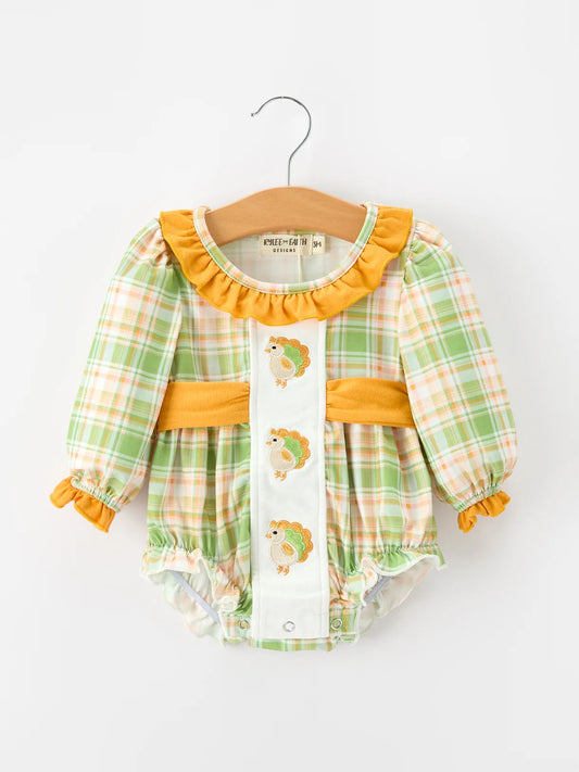 Green Orange Plaid Turkey Ruffle Romper