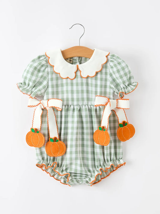 Pumpkin Bow Plaid Romper