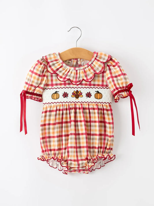 Fall Plaid Smocked Scallop Romper