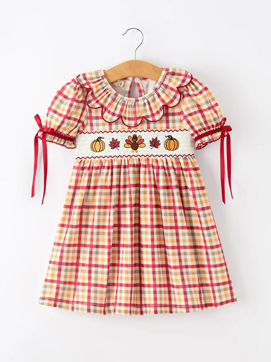 Fall Plaid Smocked Scallop Dress