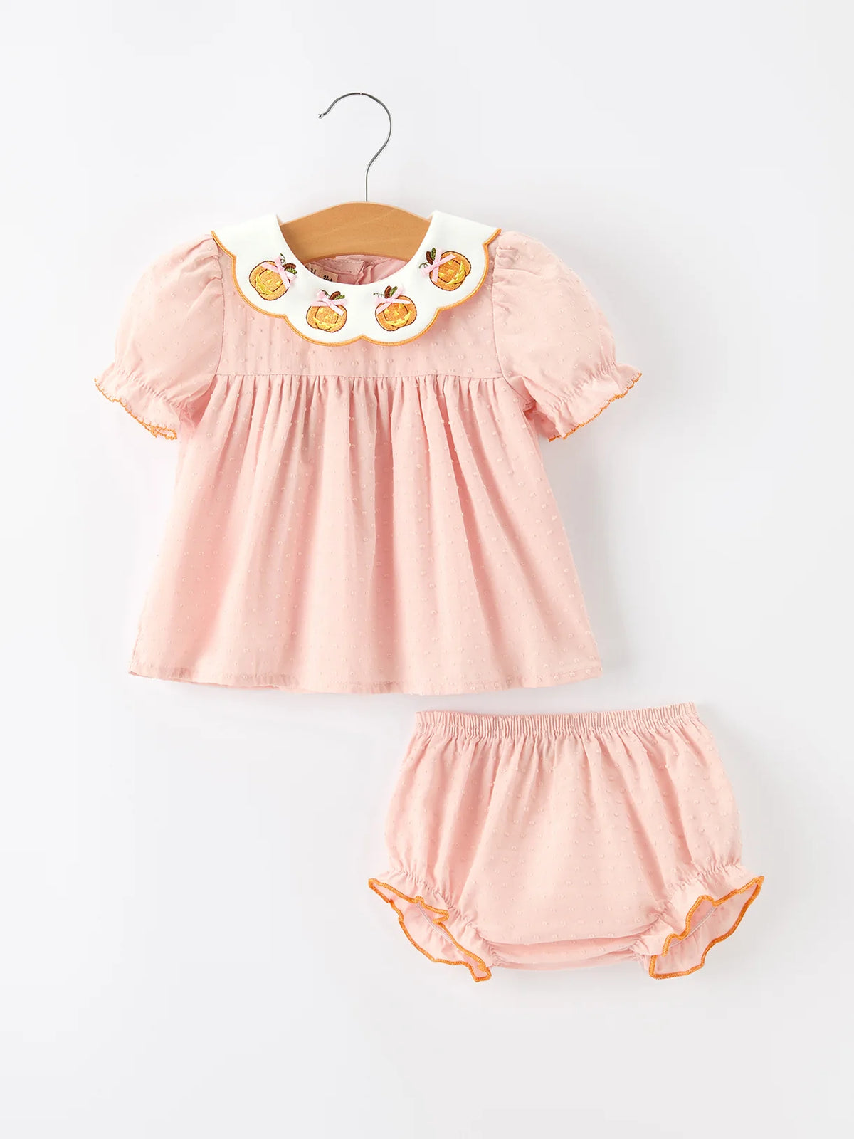 Swiss Dot Light Pink Pumpkin Smock Bummies Set