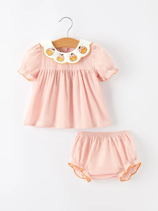 Swiss Dot Light Pink Pumpkin Smock Bummies Set