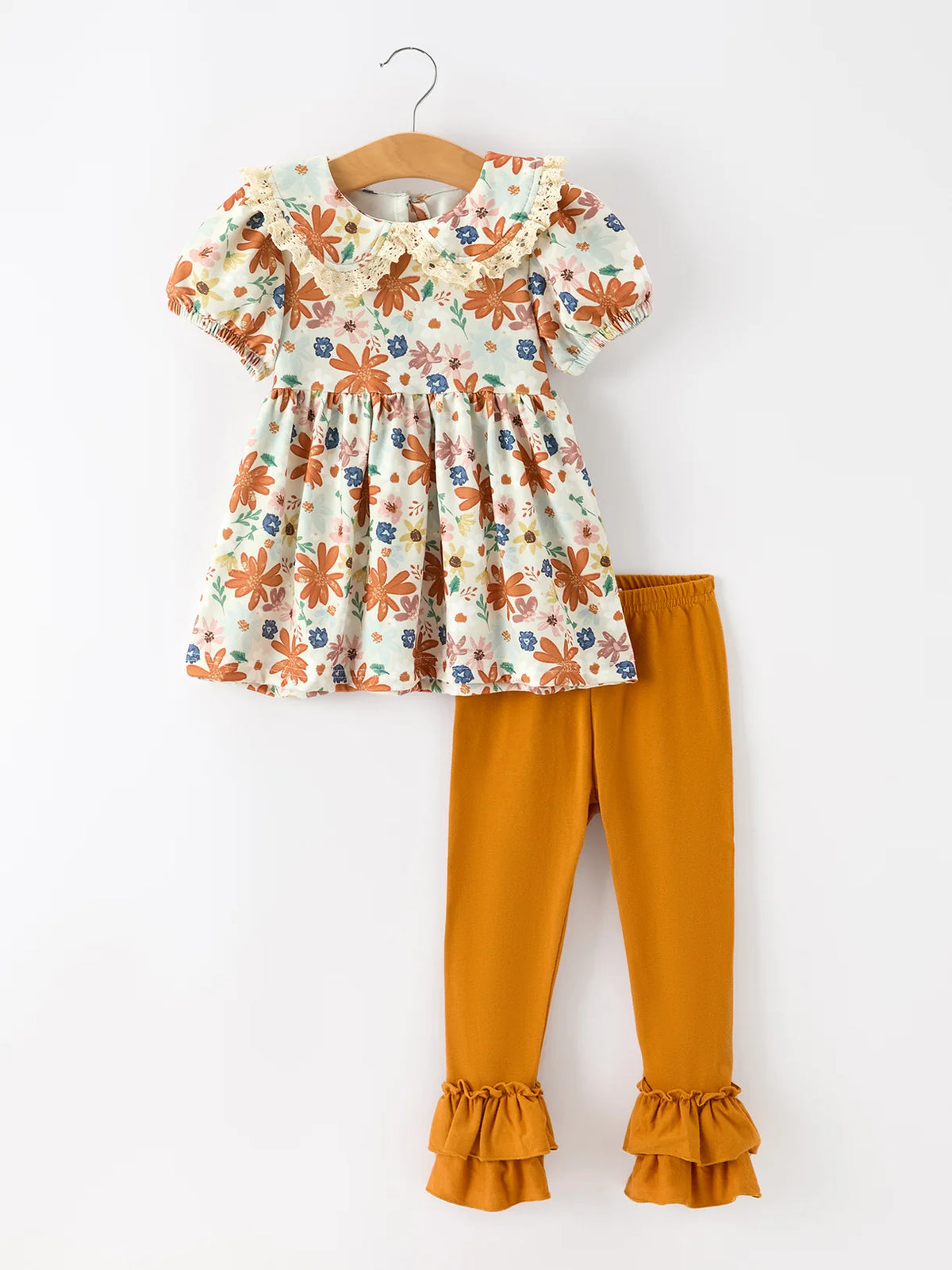 Lace Collar Puff Sleeve Fall Floral Outfit Set