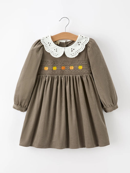 Corduroy Pumpkin Smocked Eyelet Dress