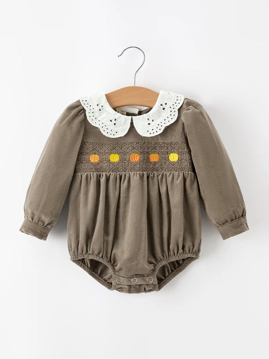 Corduroy Pumpkin Smocked Eyelet Romper