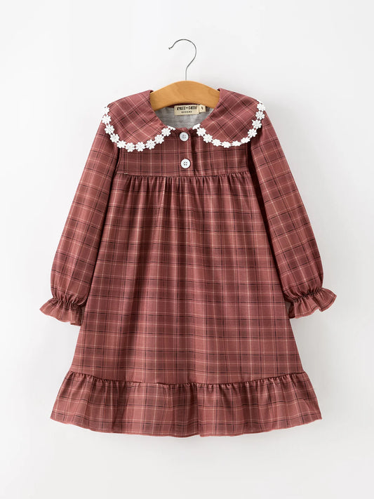 Brown Plaid Lace Collared Dress