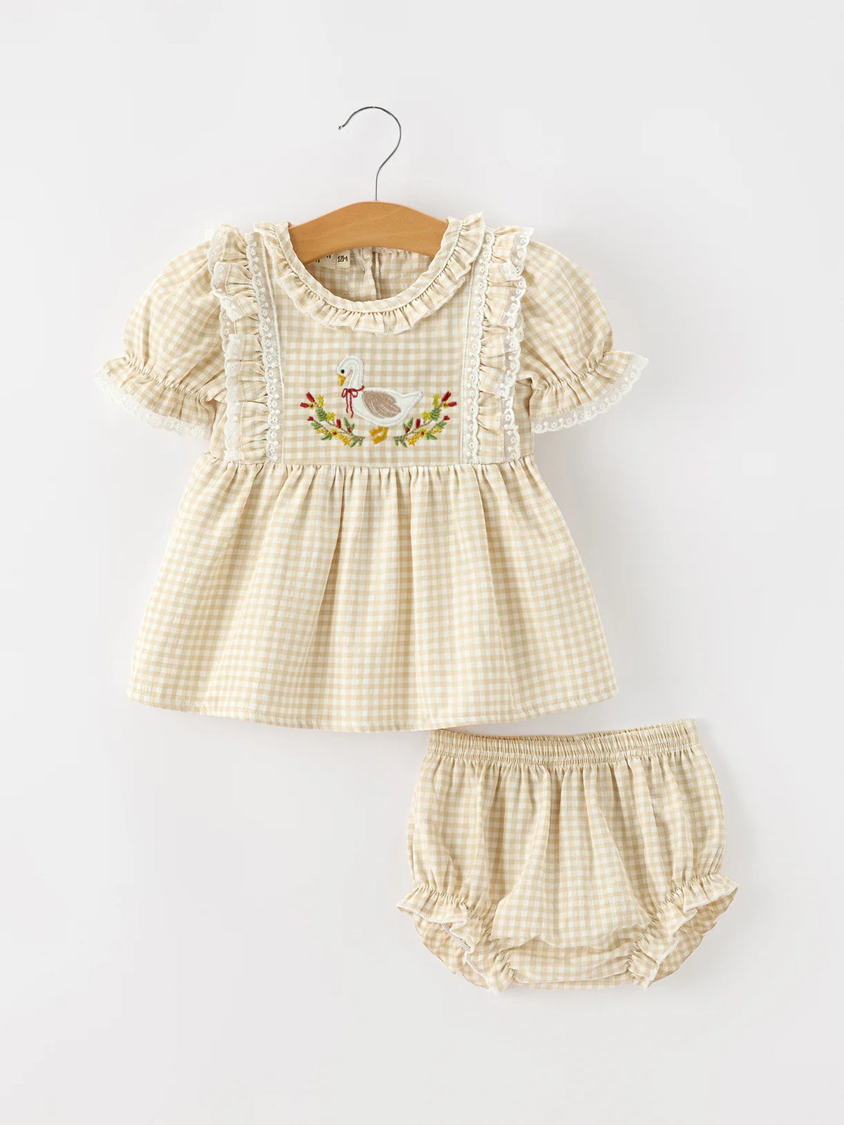 Beige Gingham Goose Top & Bloomers Set