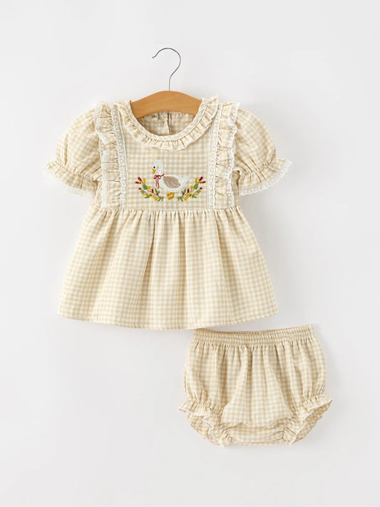 Beige Gingham Goose Top & Bloomers Set