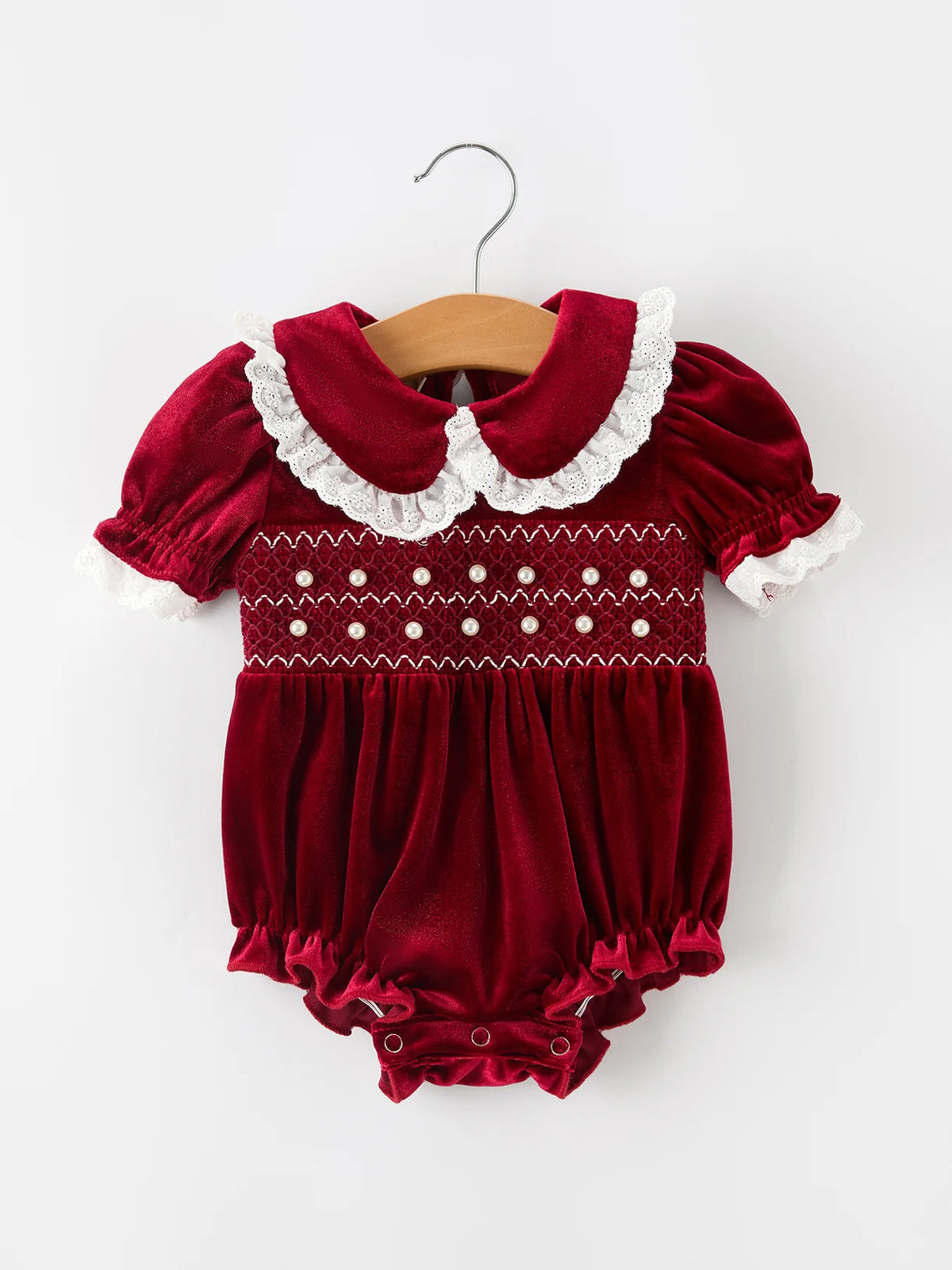 Burgundy Velvet Smocked Pearl Romper