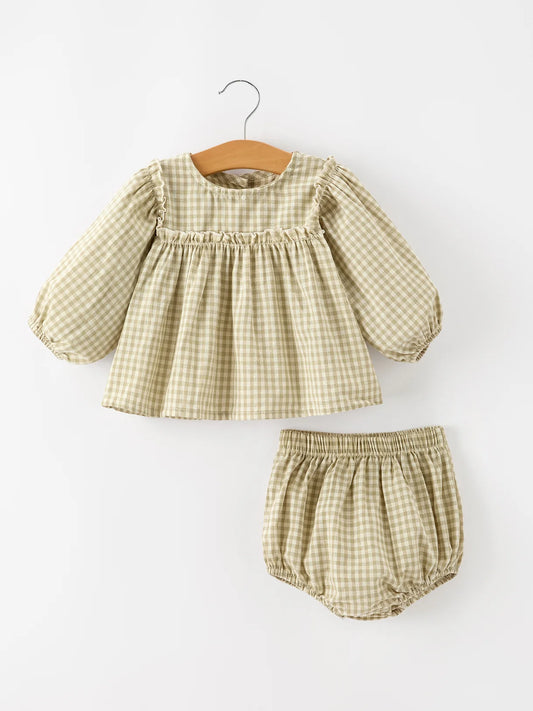 Khaki Gingham Puff Sleeve Top & Bummies Set