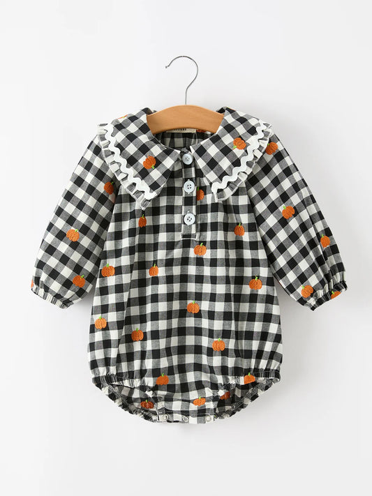 Black Pumpkin Plaid Collared Romper