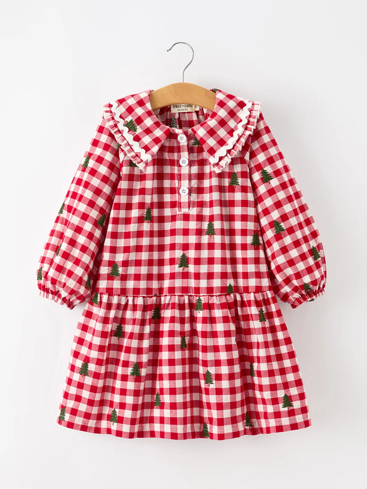 Christmas Tree Embroidered Plaid Ruffle Dress