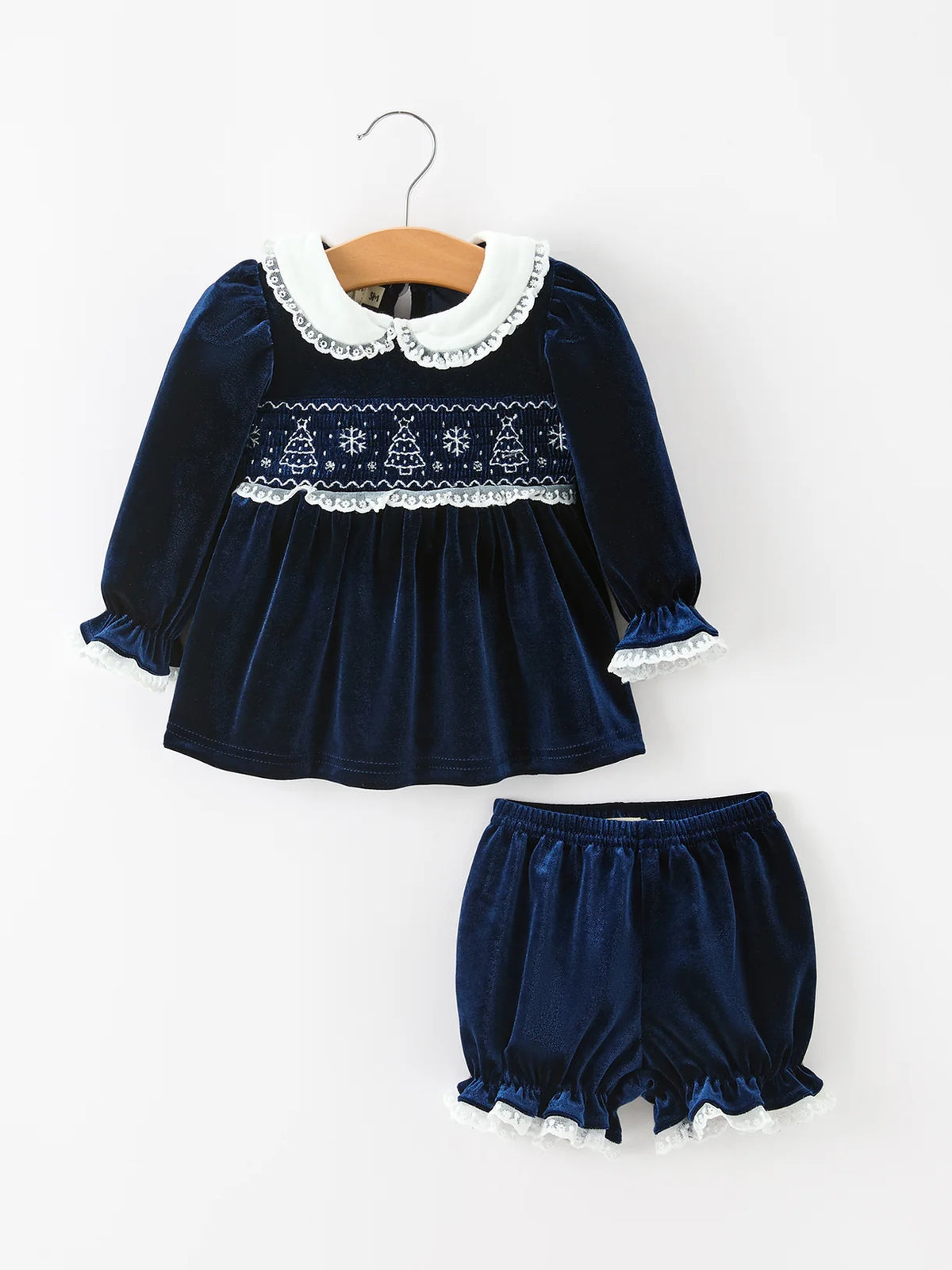 Navy Velvet Smocked Lace Top & Bloomers