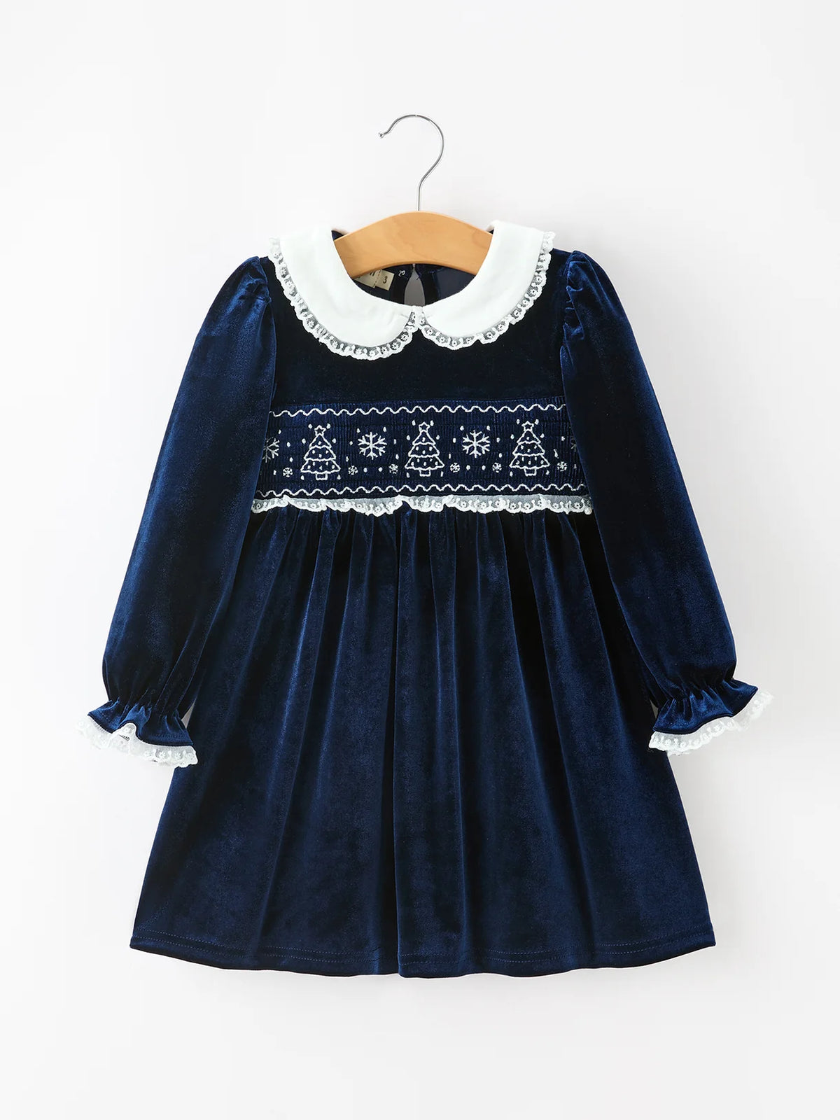 Navy Velvet Smocked Lace Dress
