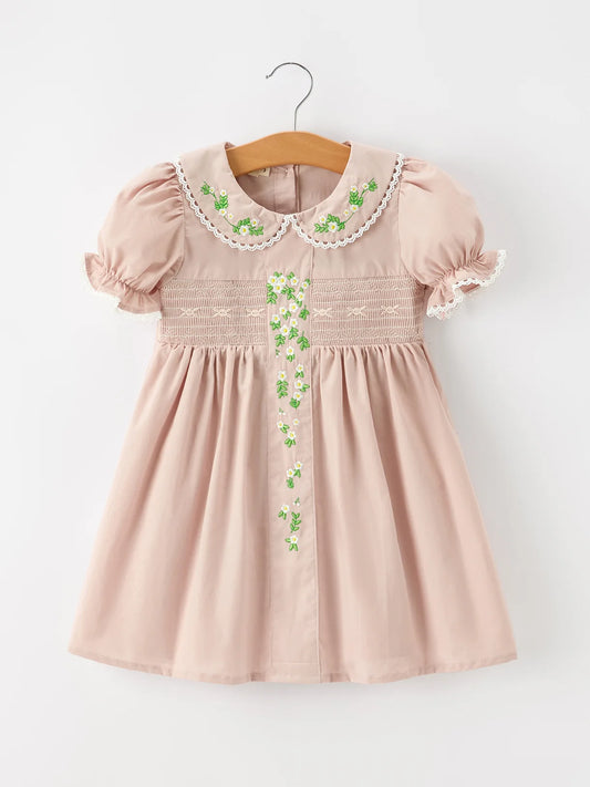 Tan Embroidered Floral Smocked Dress