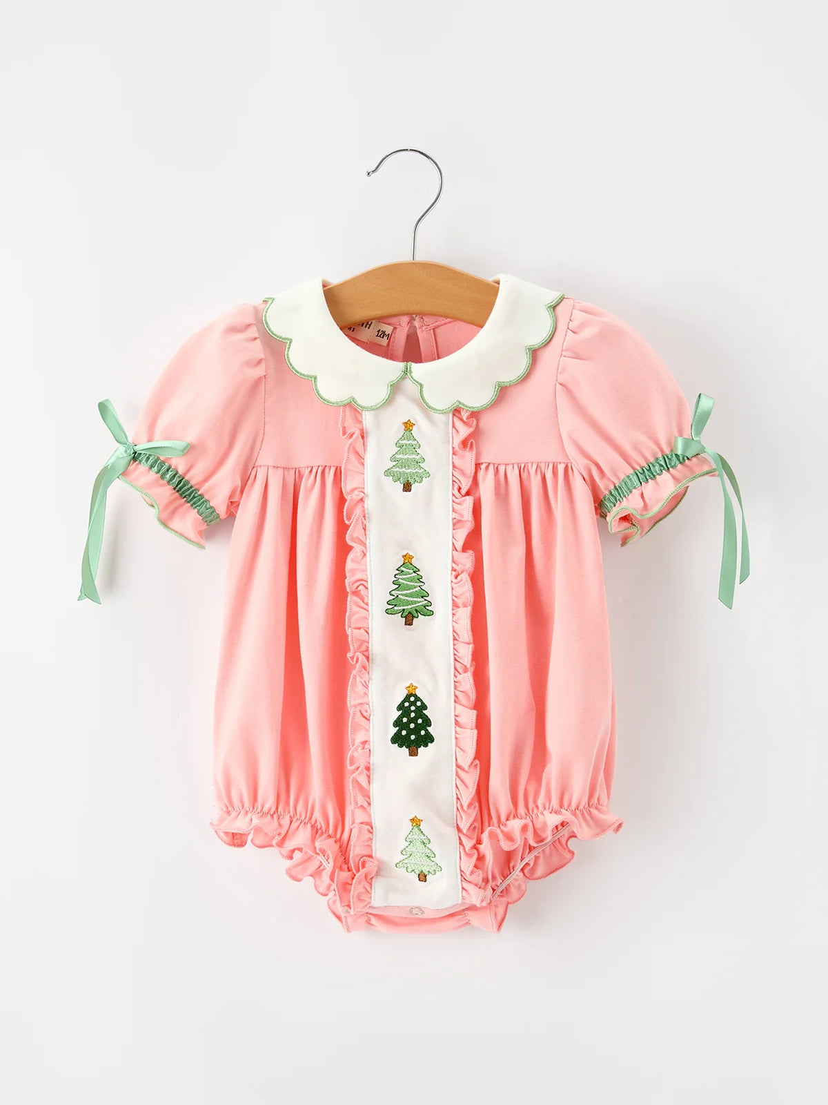 Pink Christmas Tree Embroidered Ruffle Romper