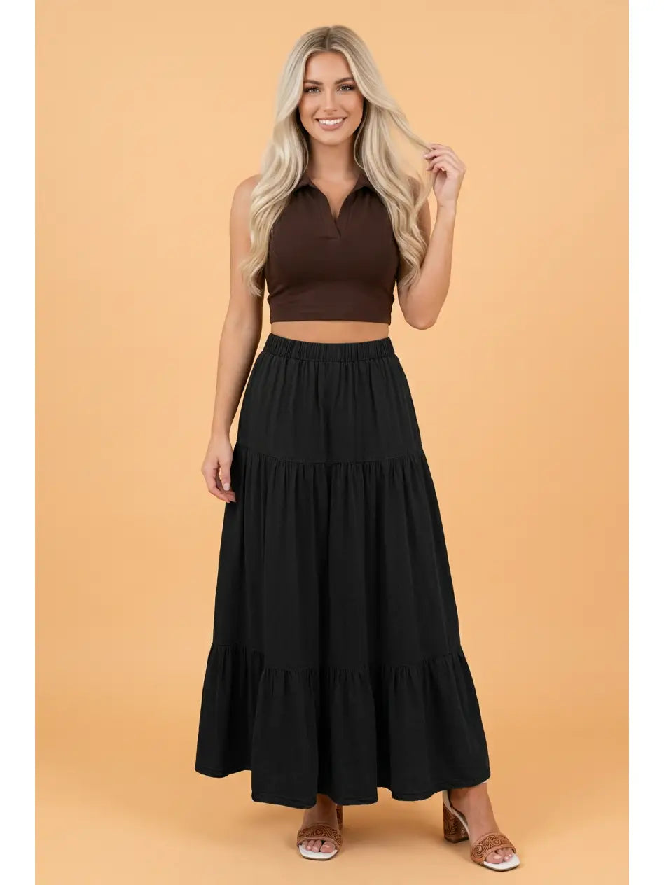 Black Ruffle Tiered Flared Maxi Skirt