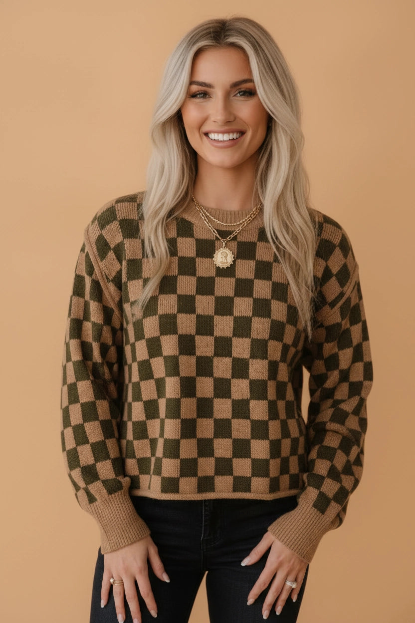 Checker Drop Shoulder Knit Sweater
