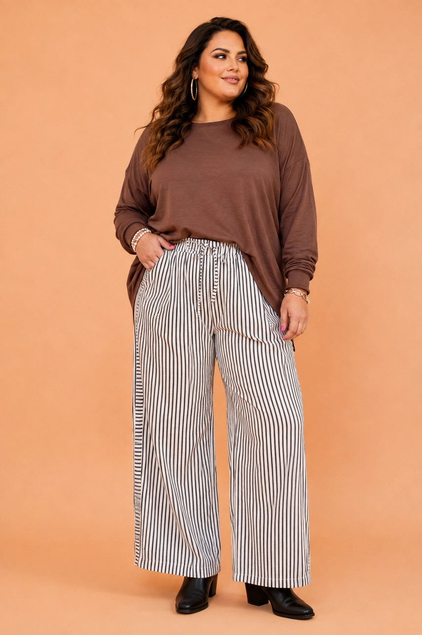 Black Stripe Tie Waist Wide Leg Pants - Curvy