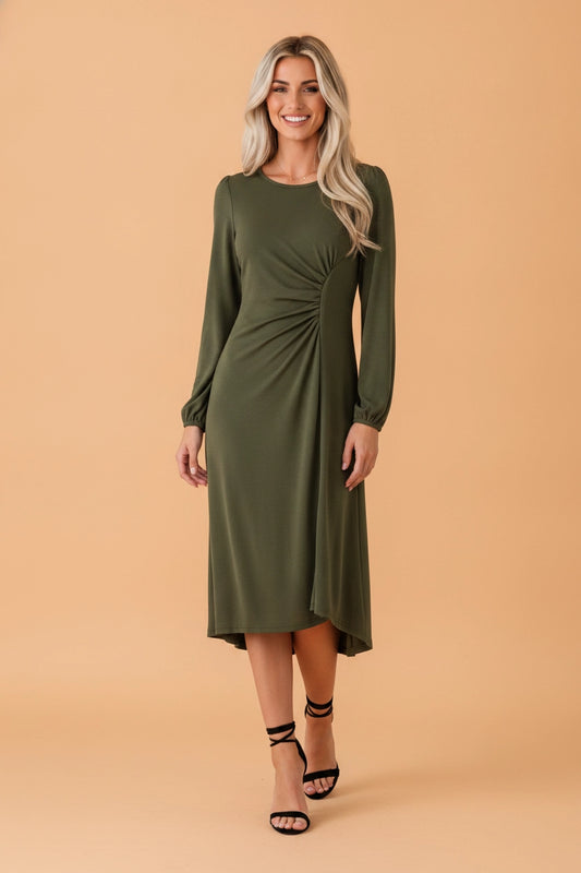 Green Ruched Long Sleeve Midi Dress