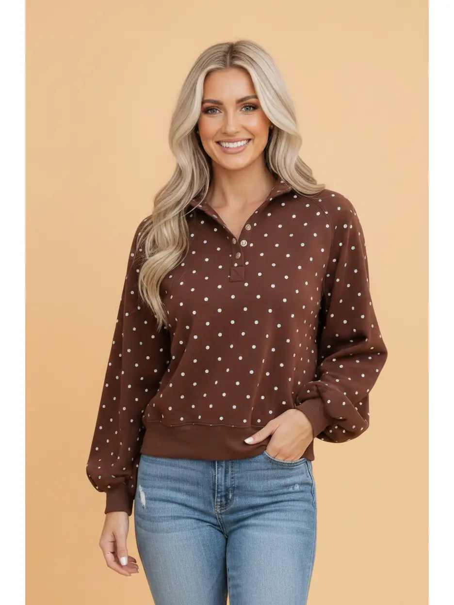 Brown Polka Dot Collar Pullover Sweatshirt